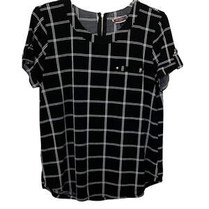 50th STREET PETITE SHORT SLEEVE BLOUSE, WOMENS, PL, BLACK & WHITE SQUARE PATTERN